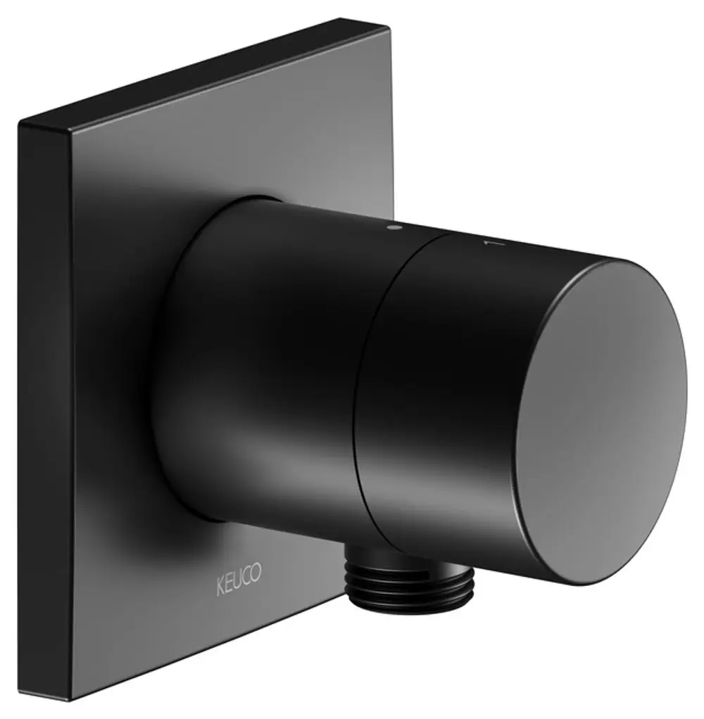Schwarze Wandarmatur von Keuco mit runder Bedieneinheit und rechteckigem Wandpanel, ausgestattet mit einem Schlauchanschluss.